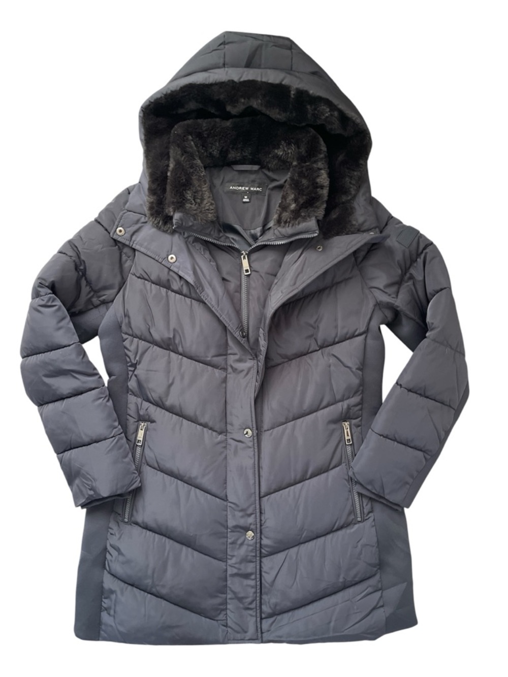 Andrew Marc Hooded Puffer Coat Faux Fur Trim Navy Blue Size M - Picture 2 of 6